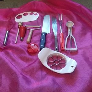Eleven peices of kitchen utensils.